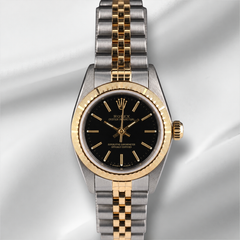 Rolex 25mm Oyster Perpetual 18K Yellow Gold Two-Tone Black Dial Watch 76243