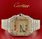 Cartier Santos Ladies 35mm 18K Yellow Gold & Steel Watch Roman Iced 20ct Diamond