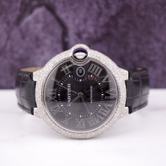 Cartier Ballon Bleu 42mm Iced 4ct Diamonds Steel Mens Watch Roman Auto 3765