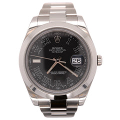 Rolex Mens 41mm Oyster Datejust II Black Roman Dial Auto Steel Watch Ref 116300