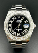 Rolex Mens Datejust 41mm Oyster Steel Watch ICED 3ct Roman Black Dial 116300