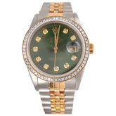 Rolex Mens Datejust 36mm 18k Yellow Gold & Steel ICED 1.75ct Diamonds Green Dial