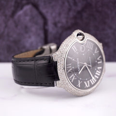Cartier Ballon Bleu 42mm Iced 4ct Diamonds Steel Mens Watch Roman Auto 3765