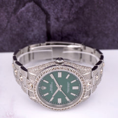 Rolex Oyster Perpetual 41mm Mens Steel Watch Iced 16ct Diamonds GREEN Ref 124300