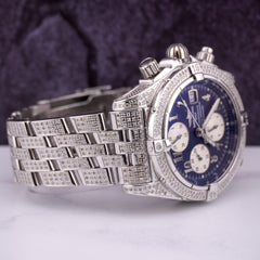 Breitling Chronomat 43mm Chronograph Blue Dial 7ct Mens Steel Auto Watch A13356