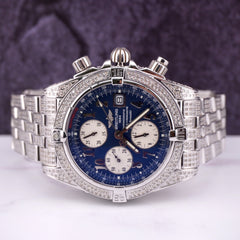 Breitling Chronomat 43mm Chronograph Blue Dial 7ct Mens Steel Auto Watch A13356