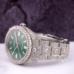 Rolex Oyster Perpetual 41mm Mens Steel Watch Iced 16ct Diamonds GREEN Ref 124300
