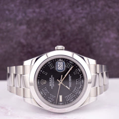 Rolex Mens 41mm Oyster Datejust II Black Roman Dial Auto Steel Watch Ref 116300