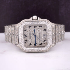 Cartier Santos 40mm Large Steel Arabic Iced 20ct Diamonds SOLITAIRE Men's Watch