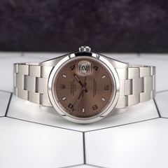 Rolex 34mm Oyster Perpetual Date Salmon Dial Steel Men's Watch with Paper 15200