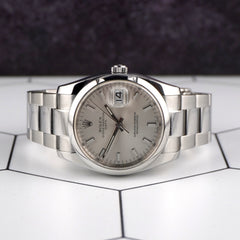 Rolex 34mm Oyster Perpetual Date Silver Dial Steel Men's Watch with Card 115200