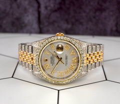 Rolex Datejust 36mm 18k 2-Tone White Roman Dial Watch Iced 11ct Diamonds