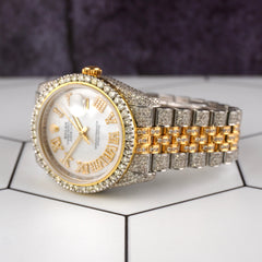Rolex Datejust 36mm 18k 2-Tone White Roman Dial Watch Iced 11ct Diamonds