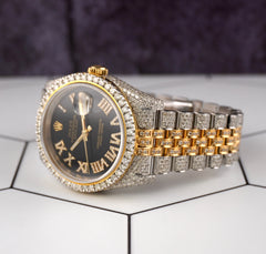 Rolex Datejust 36mm 18k 2-Tone Black Roman Dial Watch Iced 11ct Diamonds