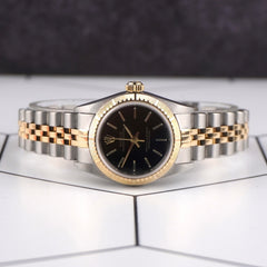 Rolex 25mm Oyster Perpetual 18K Yellow Gold Two-Tone Black Dial Watch 76243