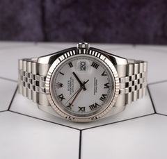 Rolex Datejust 36mm Steel White Gold Silver Roman Dial Mens Watch 116234