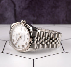 Rolex Datejust 36mm Steel White Gold Silver Roman Dial Mens Watch 116234