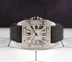 Cartier Santos 100XL Mens Iced Out 4.0ct Genuine Diamonds Roman Leather Ref 2656