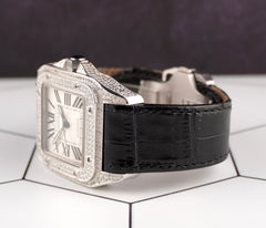 Cartier Santos 100XL Mens Iced Out 4.0ct Genuine Diamonds Roman Leather Ref 2656