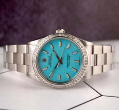 Rolex 34mm Oyster Perpetual 1.5ct Diamond Baby blue Dial Steel Watch 14010