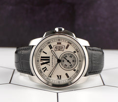 Cartier Calibre 42mm Silver Dial Stainless Steel Leather Band Men's Watch 3389