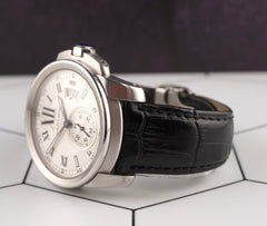 Cartier Calibre 42mm Silver Dial Stainless Steel Leather Band Men's Watch 3389