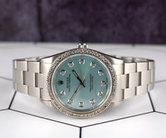 Rolex 34mm Oyster Perpetual 1.5ct Prong Ice Blue Diamond Dial Steel Watch 14010