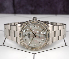 Rolex 34mm Oyster Perpetual 1.5ct Prong White Mop Diamond Dial Steel Watch 14010