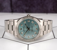 Rolex 34mm Oyster Perpetual 1.5ct Ice Blue Diamond Dial Steel Watch 14010
