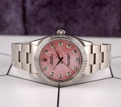Rolex 34mm Oyster Perpetual Pink Mop Dial 1.5ct Diamond Steel Watch 14010