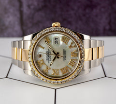 Rolex Men's Datejust 41mm 18k Gold & Steel Iced 3ct Diamonds Pearl Roman 116333