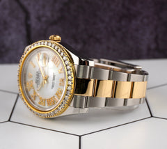 Rolex Men's Datejust 41mm 18k Gold & Steel Iced 3ct Diamonds Pearl Roman 116333