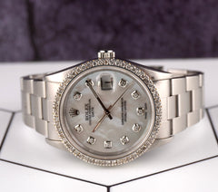Rolex Date 34mm Ladies 1.5ct Prong Diamonds White Mop Dial Steel Watch 15000