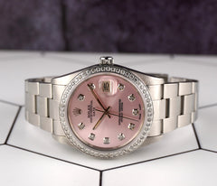 Rolex Date 34mm Ladies 1.5ct Pink Diamond Dial Steel Oyster Watch 15000