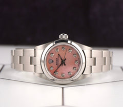 Rolex Oyster Perpetual 25mm Stainless Steel Pink MOP Diamond Dial Watch 67180