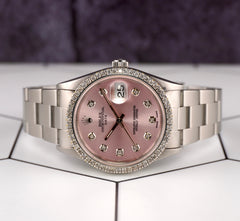 Rolex Date 34mm Ladies 1.5ct Prong Diamonds Pink Dial Steel Watch 15000