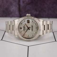 Rolex Date 34mm Ladies 1.5ct White Mop Diamond Dial Steel Oyster Watch 15000