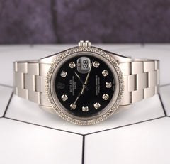 Rolex Date 34mm Ladies 1.5ct Prong Black Diamond Dial Steel Watch 15000