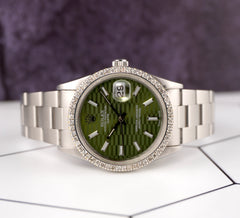 Rolex Date 34mm Ladies 1.5ct Prong Diamonds Green Motif Dial Steel Watch 15000