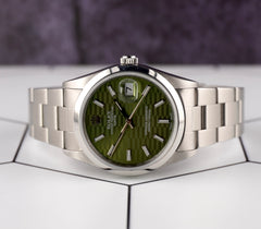 Rolex Date 34mm Ladies Green Motif Dial Oyster Steel Watch 15000