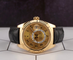 Rolex Sky-Dweller 42mm 18k Yellow Gold Fluted Arabic Dial Alligator Ref 326138