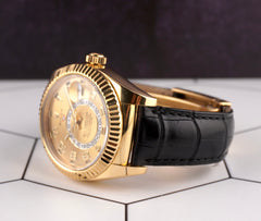 Rolex Sky-Dweller 42mm 18k Yellow Gold Fluted Arabic Dial Alligator Ref 326138