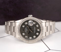 Rolex Date 34mm Ladies 1.5ct Prong Grey Motif Diamond Dial Steel Watch 15000