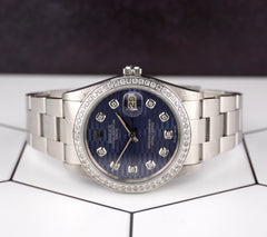 Rolex Date 34mm Ladies 1.5ct Blue Motif Diamond Dial Steel Oyster Watch 15000