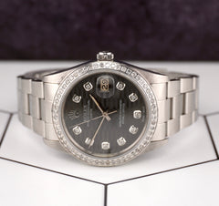 Rolex Date 34mm Ladies 1.5ct Grey Motif Diamond Dial Steel Oyster Watch 15000