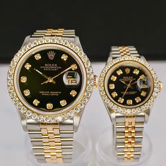 Rolex SET Datejust 26/36mm 18k Yellow Gold & Steel 2.50ct Diamonds Black Dial