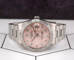 Rolex Date 34mm Ladies 1.5ct Pink Motif Diamond Dial Steel Oyster Watch 15000
