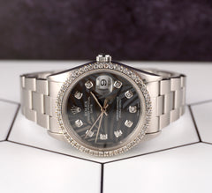 Rolex Date 34mm Ladies 1.5ct Prong Grey Palm Diamond Dial Steel Watch 15000
