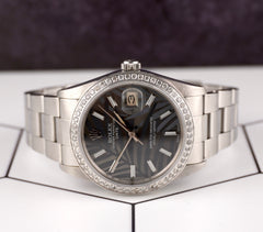 Rolex Date 34mm Ladies 1.5ct Grey Palm Dial Steel Oyster Watch 15000