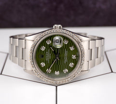 Rolex Date 34mm Ladies 1.5ct Prong Green Motif Diamond Dial Steel Watch 15000